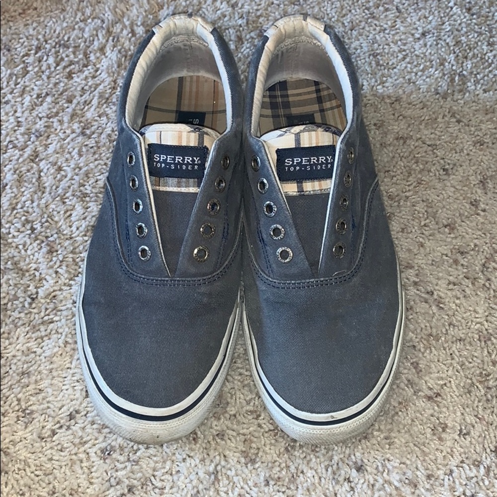 sperry navy slip ons